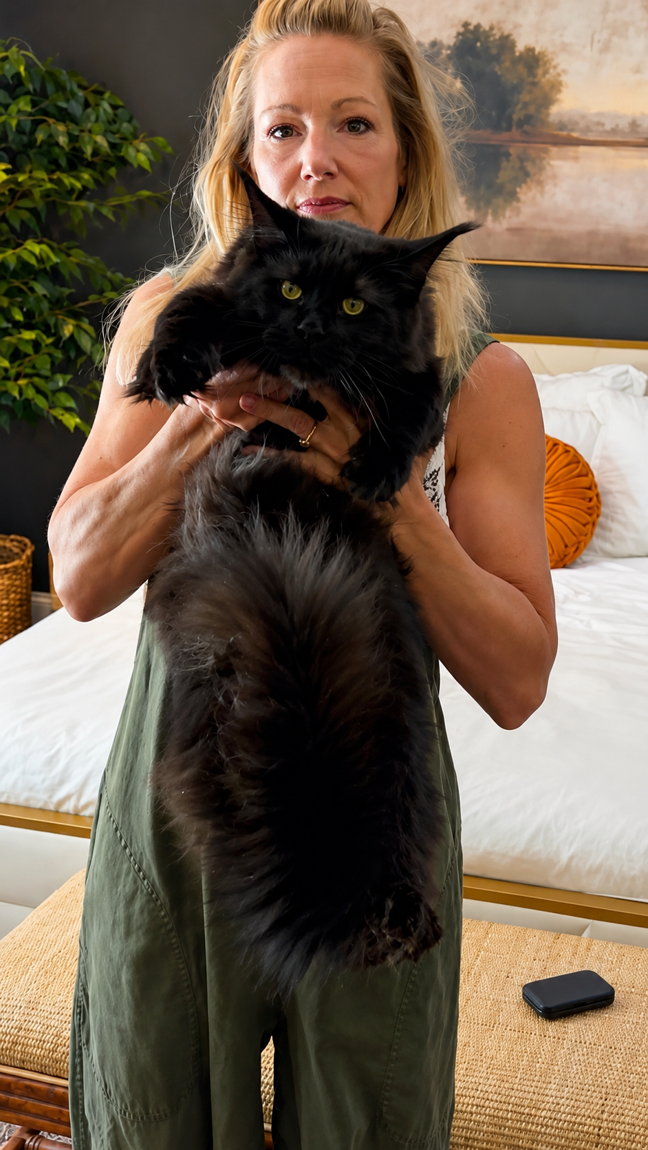 Hannah of Ironmane Coons holding King Calhoun, solid black European Maine Coon, in Charleston, South Carolina