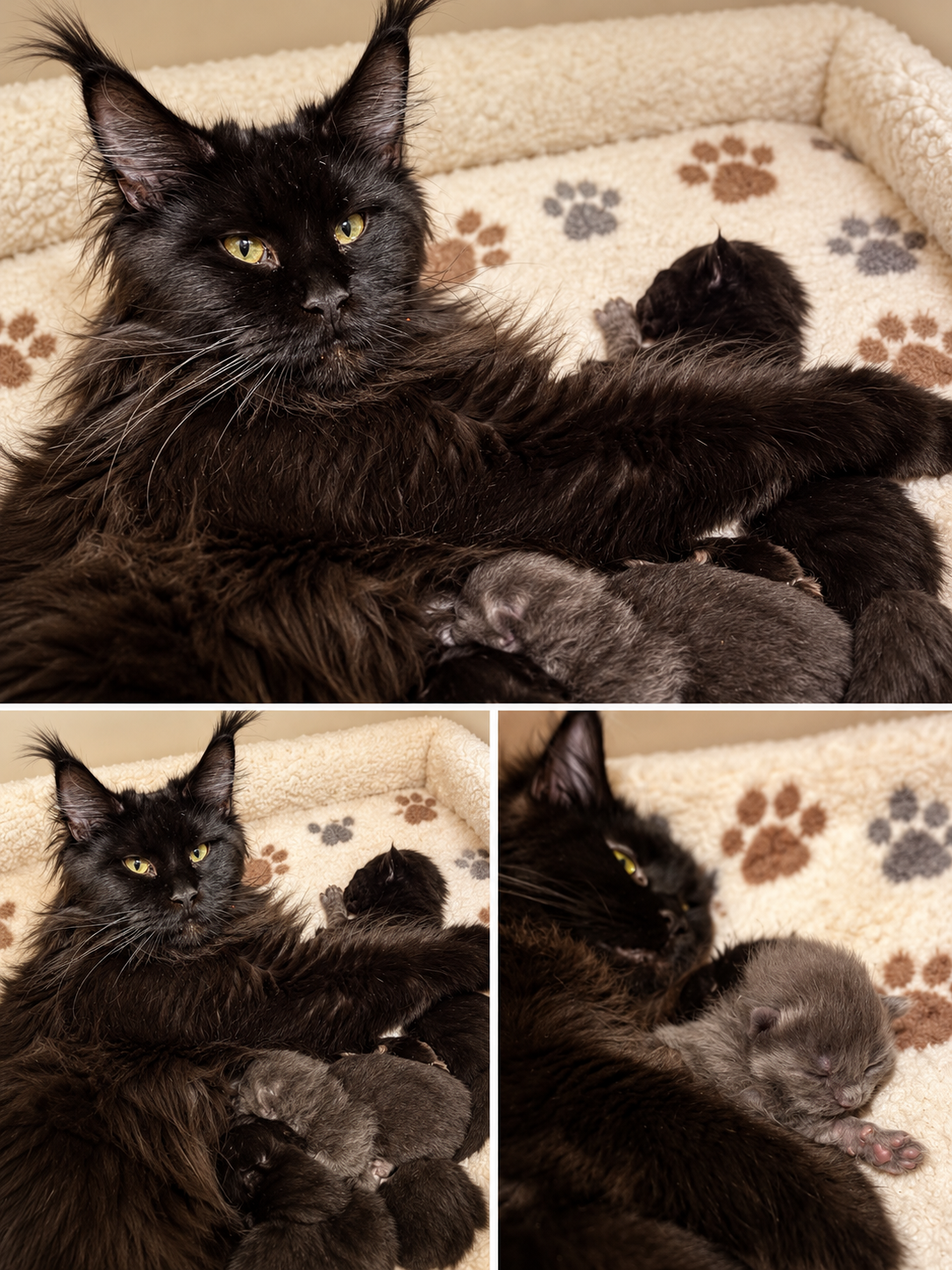 Ravenel, a black European Maine Coon queen, nursing her newborn kittens, The Iconic Five, at Ironmane Coons