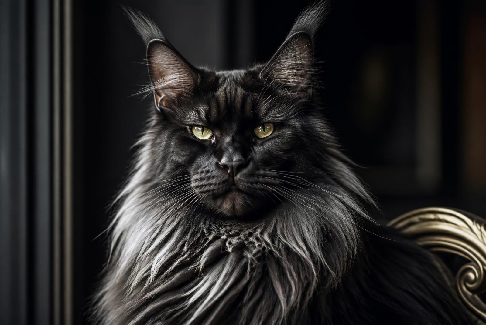 Close-up of a black smoke European Maine Coon showing silver undercoat at the ruff